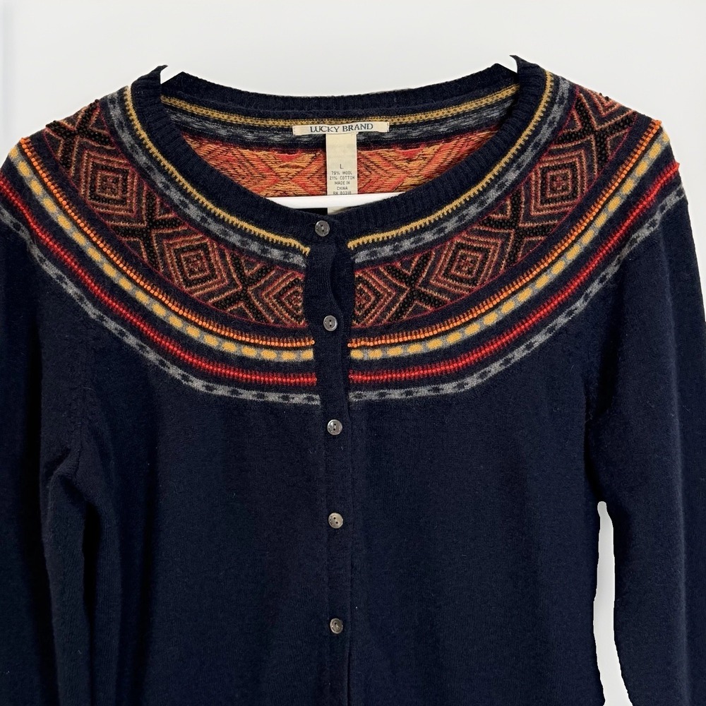 Lucky Brand Sweater Womens Sz Large Navy Jaquard Wool Blend Cardigan Button Up